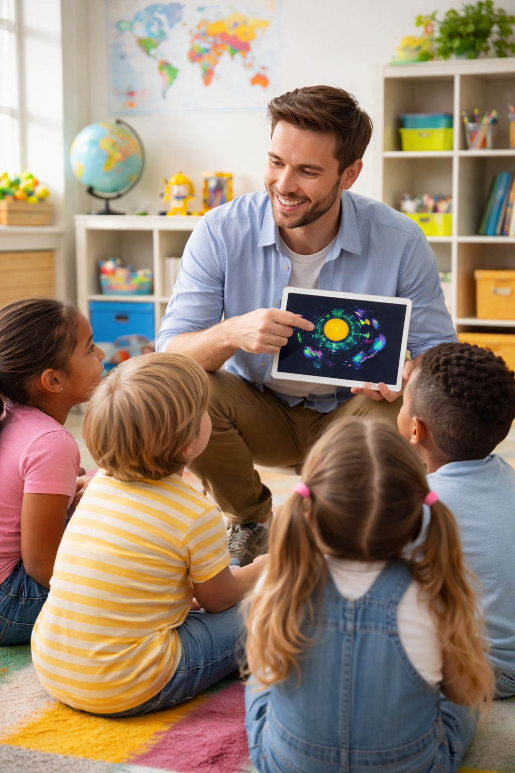 Preschool educator guiding students through a hands-on STEM learning activity